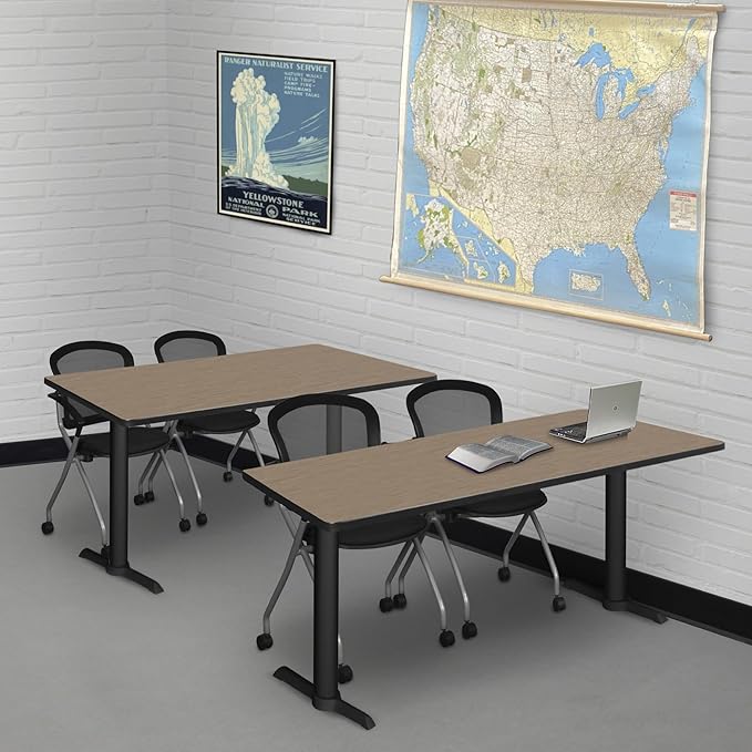Regency Cain 42 x 24 in. Training Seminar Table – Durable T-Base Training Desk with Laminate Top, Scratch & Stain Resistant Surface, Rounded Corners (Noble Oak, Black Base)