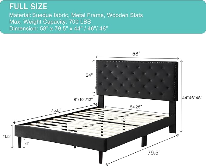 Full Upholstered Platform Bed Frame with 48" Tall Adjustable Headboard - Button Tufted Suede Velour Bed- Wood Slat Support with Storage Space- No Box Spring Needed - Black - OLIVER & SMITH - Princeton