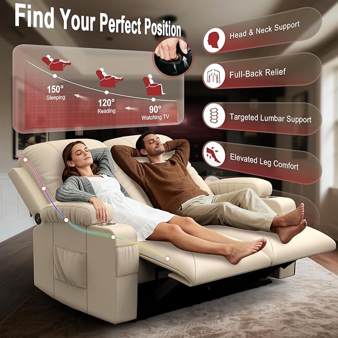 FURNIMAT 2026 Fabric Loveseat Recliner Sofa, 2 Seater Reclining Loveseat Sofa, RV Loveseat Couch, Modern Recliner Chair for Living Room, with Cup Holder and 2 Cell Phone Holders, USB Ports, Beige