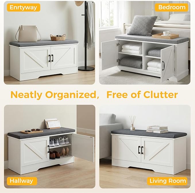 NEWBULIG 2-Tier Storage Bench, 39" Wide Shoe Bench with Padded Seat Cushion, Entryway Bench with 4 Barn Doors and Adjustable Shelf, White