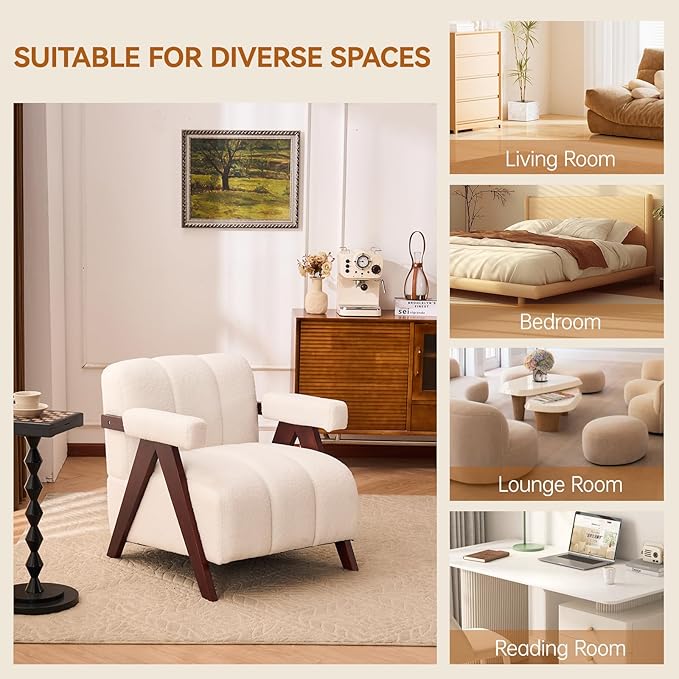Accent Chair Mid-Century Modern with Wide Backrest for Bedroom, Upholstered Living Room Chair with Wooden, Lounge Armchair with Thick Cushion, Cute Teddy Comfy Chair, Ivory