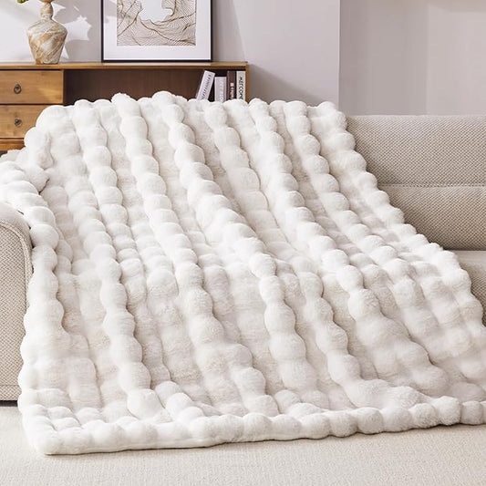 Faux Fur Throw Blanket, 1000GSM Fluffy Soft Bubble Blanket for Couch Bed, Cozy Plush Warm and Thick Blanket, Fuzzy Rabbit Throw for Living Room Bedroom 60''*80'' White