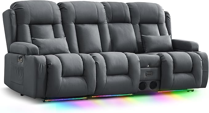 TUNYI Wall Hugger Loveseat Recliner Sofa with Console, Power Reclining Loveseat RV Couch with Massage & Heat/USB/Outlet/Storage/LED Light/Speaker (Blue, 4 Seat)