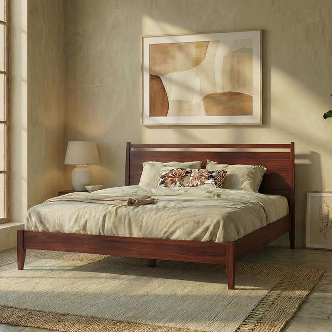 NTC Adept Wooden Bed Frame with Headboard, Crafted from Walnut, Rubber Wood with Silent Slats and Wood Central Supports, 1000 Lb Capacity, Effortless Assembly, King - Dark Walnut