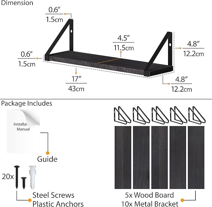 Wallniture Ponza 17'' x 4.5'' Floating Wall Shelf Bathroom, Small Wood Book Shelves for Wall Storage, Wall Mounted Shelf, Dining Room, Bedroom, Living Room, Office & Kitchen Organization, Black, 5pcs