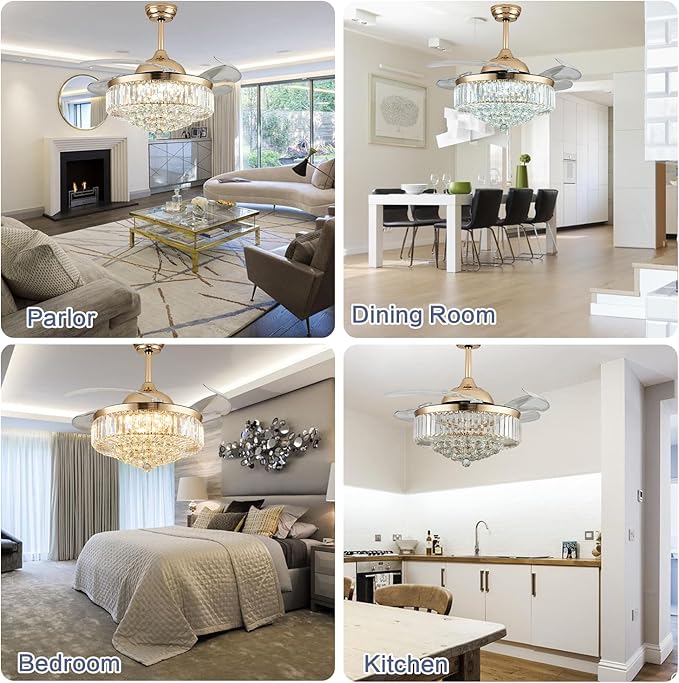 DuMaiWay 36" Dimmable Crystal Ceiling Fan with Light, Fandelier,Chandelier Fan with 4 Retractable Blades LED Remote APP Control for Living Room, Bedroom, Dining Room 6 Speed-Gold