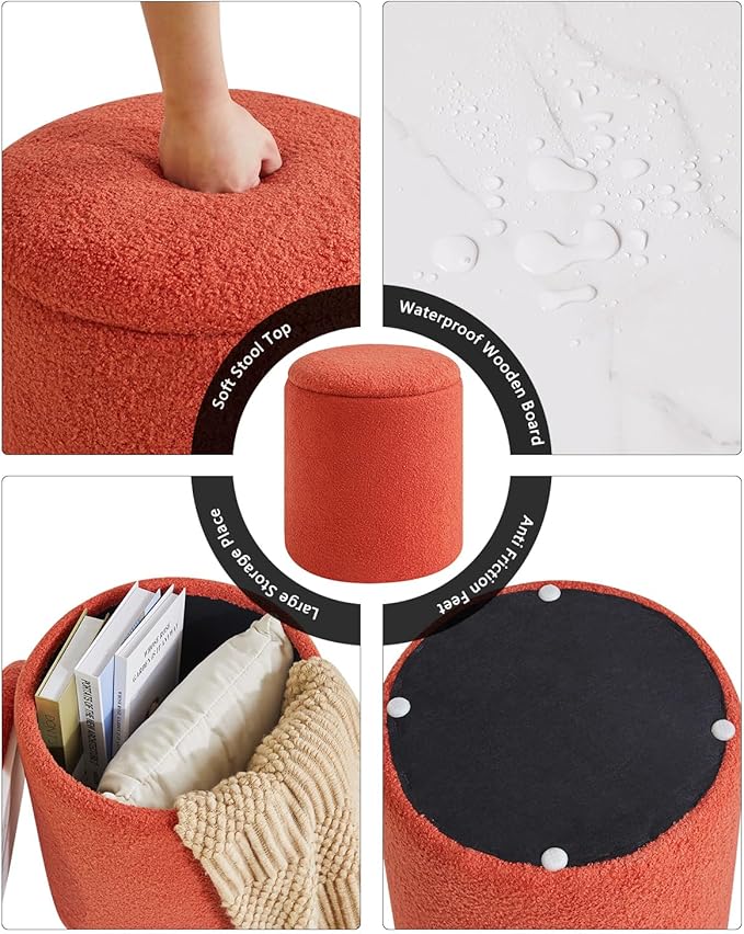 IBUYKE Storage Ottoman Set of 2 Round Ottoman Fleece Vanity Stool with Storage Velvet Footrest Stool End Table Boucle Ottoman for Home Organization UWBD015J
