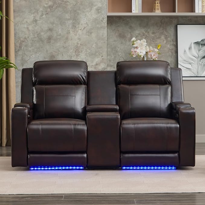 Power Reclining Loveseat with Console, Power Loveseat Recliner Sofa with Adjustable Headrest/LED Light/Wireless Charging/Arm Storage, Power Recliner Loveseat for Living Room (Brown, 2 Seater)
