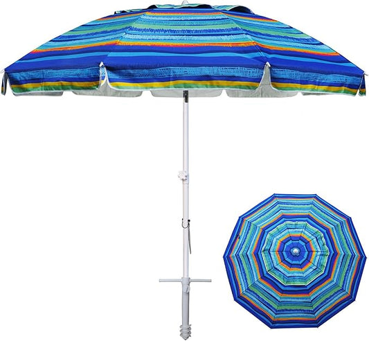 AMMSUN 8 Feet Large Beach Umbrella with Sand Anchor Heavy Duty High Wind Portable Outdoor Umbrellas UV 50+ Protection Air Vent Tilt Patio Garden Pool