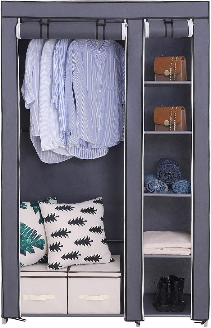 SONGMICS 43 Inch Portable Clothes Closet Wardrobe with Non-Woven Fabric and Hanging Rod Quick and Easy to Assemble Gray ULSF007G