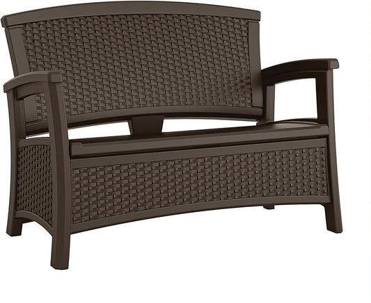 Suncast Outdoor Wicker Love Seat with 23-Gallon Storage, Comfortable Seating for Two, Ergonomic Back Support, All-Weather Furniture for Patio, Deck, and Garden, Java, Made in the USA