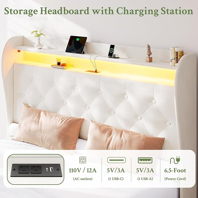 King Size Bed Frame with Tall Headboard, Velvet Upholstered Platform Bed with LED Lights & Charging Station, 52.7"-55" Adjustable/Modern Tufted Wingback Storage Headboard, No Box Spring Needed, Cream