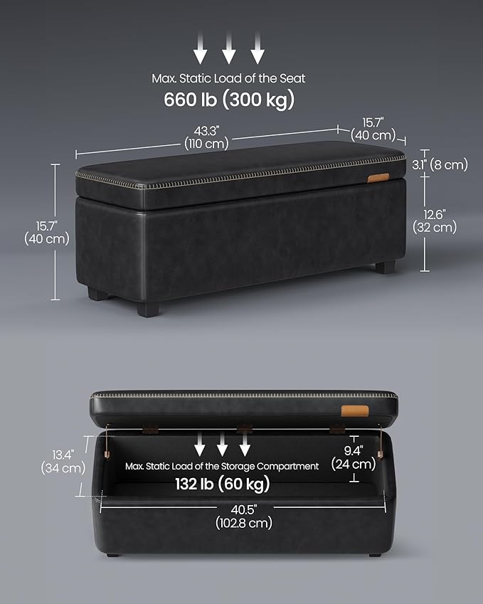 VASAGLE EKHO Collection - Storage Ottoman Bench, Entryway Bedroom Bench, 25 Gallons, Synthetic Leather with Stitching, Mid-Century Modern, Safety Hinges, Loads 660 lb, Ink Black ULOM075B01