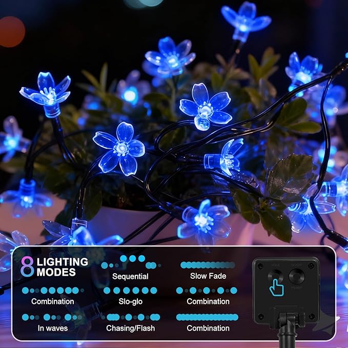 2 Pack Total 52FT 120 LED Solar String Lights Outdoor Waterproof Flower Fairy Lights for Garden Fence Patio Yard Christmas Tree Lawn Wedding Party Decor, Blue