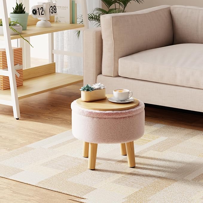 Poofzy Small Ottoman with Storage, Small Foot Stool Ottoman with Wood Legs, Faux Fur Foot Rest for Couch, Living Room and Bedroom - Pink