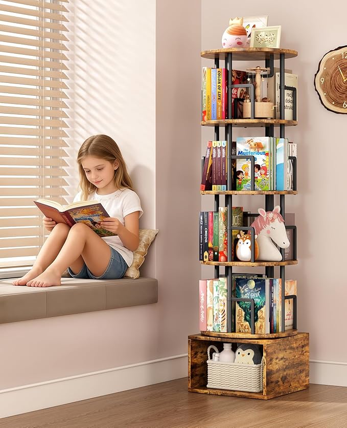 5 Tier Rotating Bookshelf with Extra Storage Cabinet, 360°Spinning Corner Bookshelf, Floor Standing Bookcase for Kids & Adult, Narrow Book Shelf for Bedroom Living Room, Vintage Brown