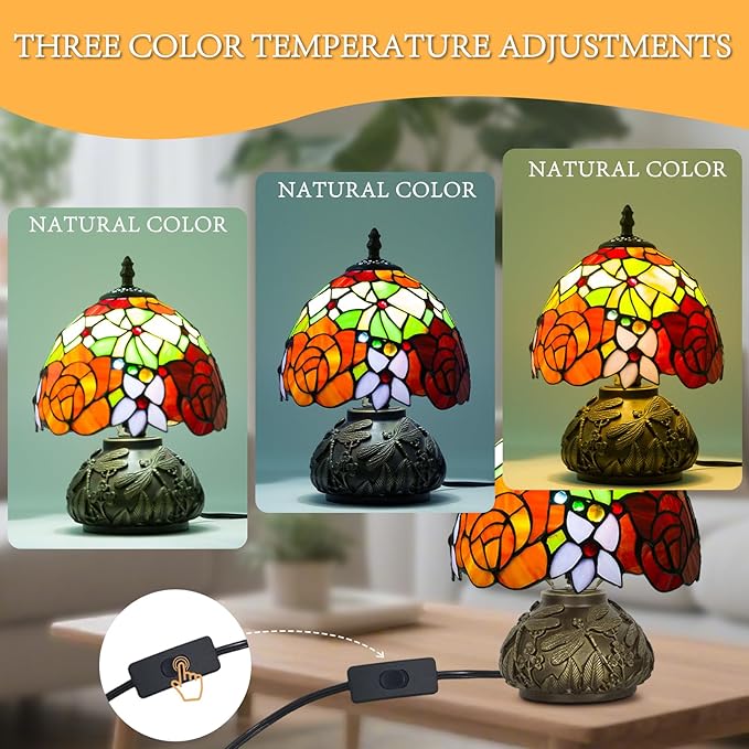 JHuiLap Small Tiffany Stained Glass Lamp, 3 Color Temperatures Bedside Lamp, 8 Inch Mushroom Desk Light for Bedroom Living Room Office Home Decor (Two-Color Rose)