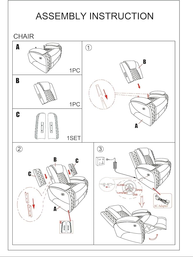 Power Recliner Chair with LED Lights & USB-C Port, Black Leather Electric Lounge Chair