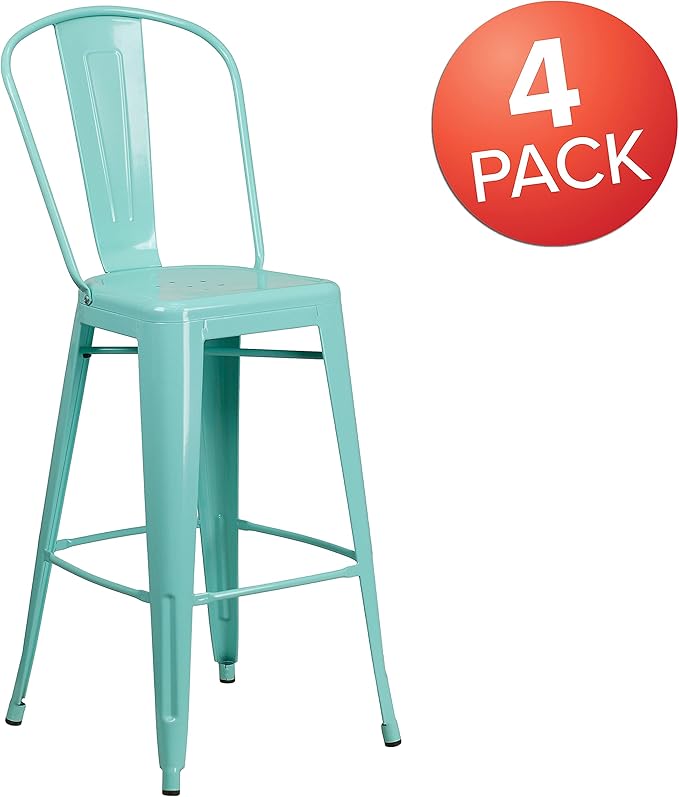 Flash Furniture Blake Commercial Grade 4 Pack 30" High Mint Green Metal Indoor-Outdoor Barstool with Back