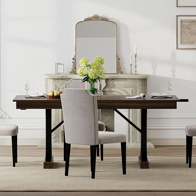 Garvee 71-Inch Wooden Kitchen Table with Two Drawers, Large Dining Table for 6-8 w/Large Tabletop & Sturdy Frame, Rectangular Dining Table with Double Pedestal, for Kitchen, Dinner