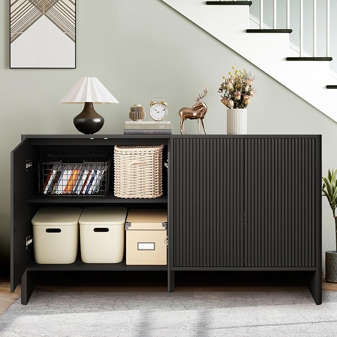 Fluted Sideboard with Doors & Shelves - Buffet & Credenza Storage - Under TV or Bedroom/Entryway Cabinet - Black