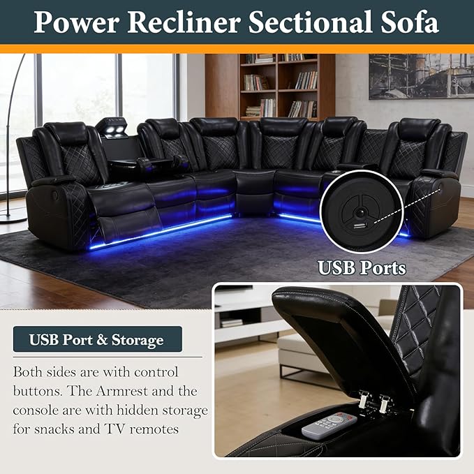 Power Recliner Sectional Sofa Set, Black Leather Sectional Couch and 3 Seater Sofa for Living Room, L Shape Reclining Sofa with Cup Holder, Hidden Storage, Coffee Table for House(9 Seat)