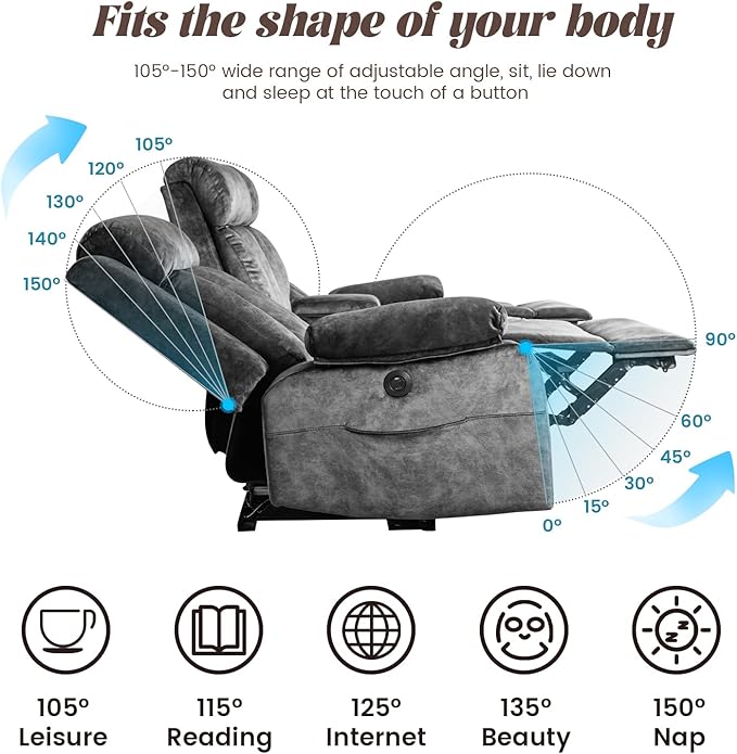 Electric Power Reclining Sofa w/Flipped Middle Backrest & Cup Holders, Power Recliner Couch w/Massage & Heat, Spacious 3-Seater Couch for Living Room Comfort (Gray)