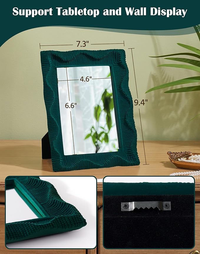 Green Wall Mirror Decor for Living Room Hallway Bedroom, 9.5x7.5 Wavy Framed Mirror with Flocking Touch for Interior Decor Hobbyists Designers, Gift for Wedding Bridal Shower (Emerald Green)
