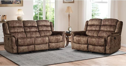 EBELLO 2 Pieces Reclining Couch Furniture Set, Overstuffed Reclining Loveseat Couch and Wide 3PC Bonded Recliner Sofa Set for Living Room, Brown