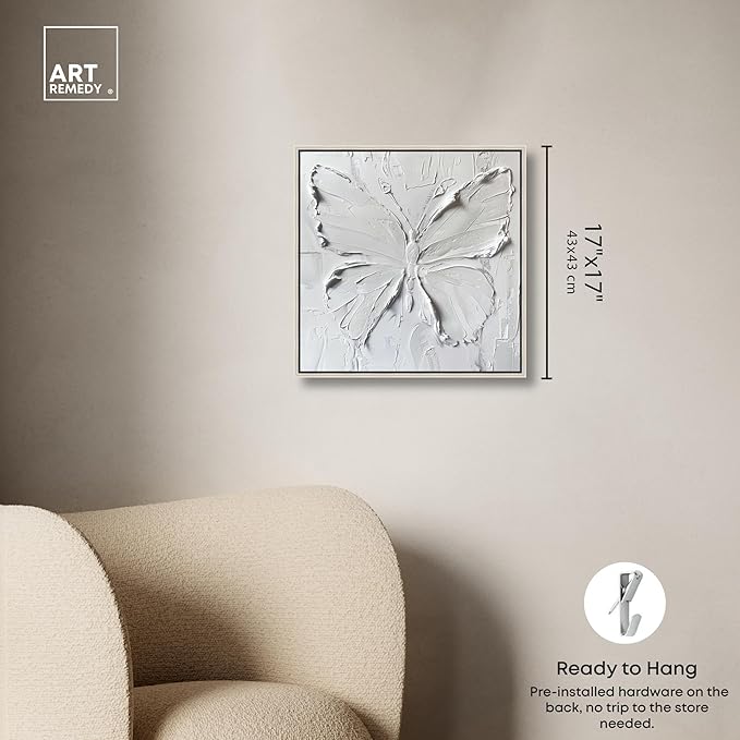 Art Remedy White Butterfly Canvas Elegant White Gold Wall Art, Silver Frame, 16" x 16"