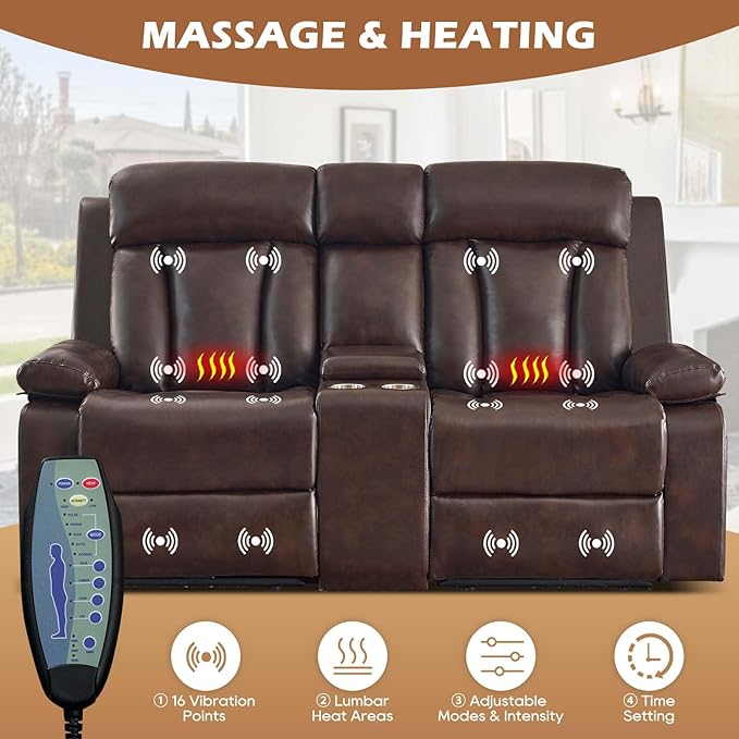 Power Reclining Loveseat with Console, Reclining Loveseat with Heat and Massage, Power Loveseat Recliner Sofa with Dual Ports, Cup Holders for Living Room, RV Sofa