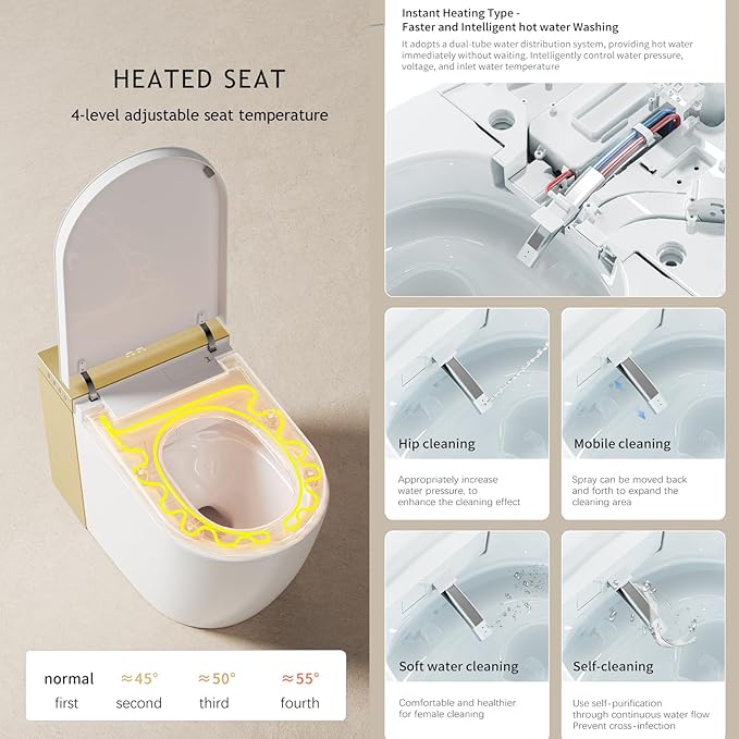 BONSAM Smart Toilet with Auto Open/Close Lid, Modern Tankless Toilet with Bidet Built In, One Piece Toilet with Auto Deodorization, Foot Sensor Operation, Remote Control (White&Gold, White&Gold)