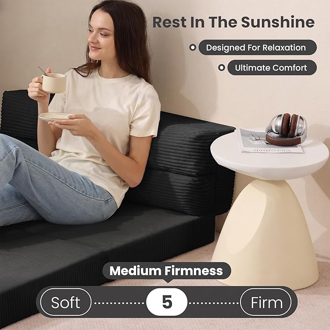 JUIKURY Folding Sofa Bed, Convertible Sleeper Chair with Pilow Foldable Matress, 2 in 1 Pull Out Loveseat Sofa Portable Fold Out Chair Bed Floor Couch Lounge for Living Room (Black, Full)