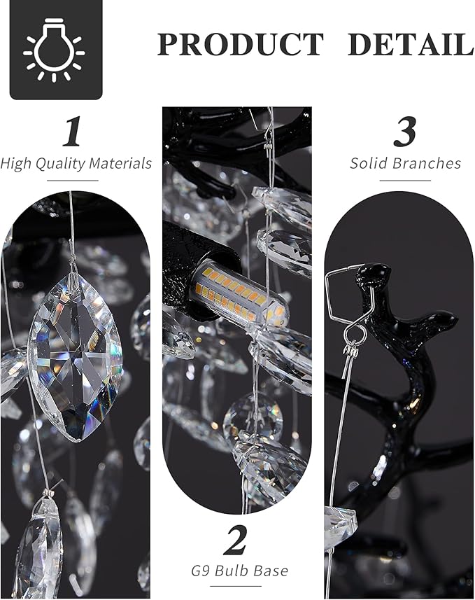 Black Chandelier, 16 Light Modern Chandelier for Dining Room Over Table, Industrial 63" Hanging Lighting with K9 Crystal Tree Branch Rectangular Chandeliers for Living Room Kitchen Island