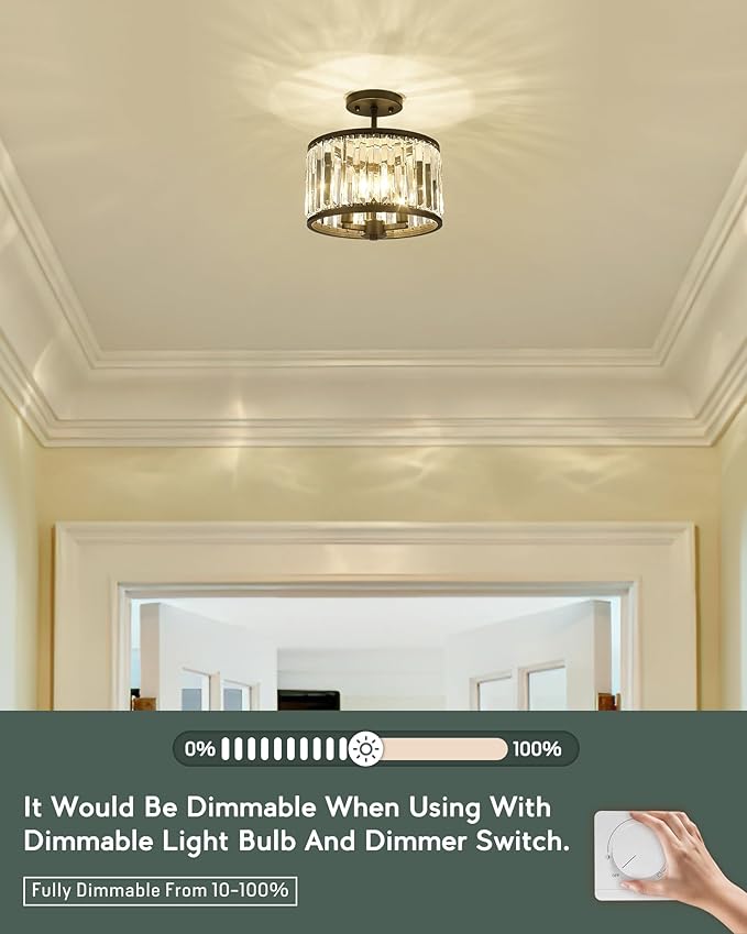 Semi Flush Mount Ceiling Light Fixture, 11" Crystal Light Fixture, 3-Light Modern Lamps with Matte Black Finish for Bathroom, Dinning Room, Hallway, Bedroom, SM821-MB