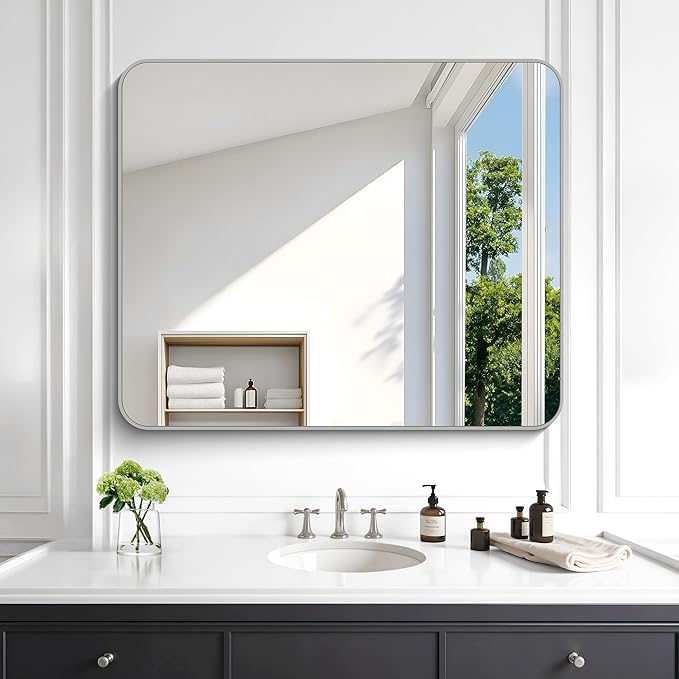 KOCUUY Silver Bathroom Mirror, 30x36 Inch Bathroom Mirror for Over Sink, HD Tempered Glass, Anti-Rust Brushed Silver Frame, Rounded Corner Modern Design for Bathroom, Hang Horizontal/Vertical