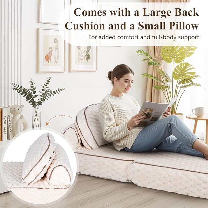 COLAMY Folding Sofa Bed, 3-in-1 Convertible Sleeper Chairs with Pillow,Back Support, Fuzzy Fabric Floor Couch Bed for Adults, Boneless Couches Living Room, Bedroom, Apartment,Beige
