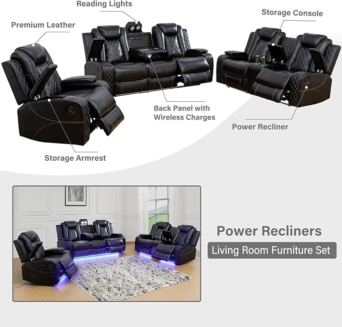 Power Recliner Loveseat, Air Leather Reclining Couch with LED/Cup Holders/Storage, 2-Seater Reclining Sofa, Black Leather Couch for House/Apartment/Office