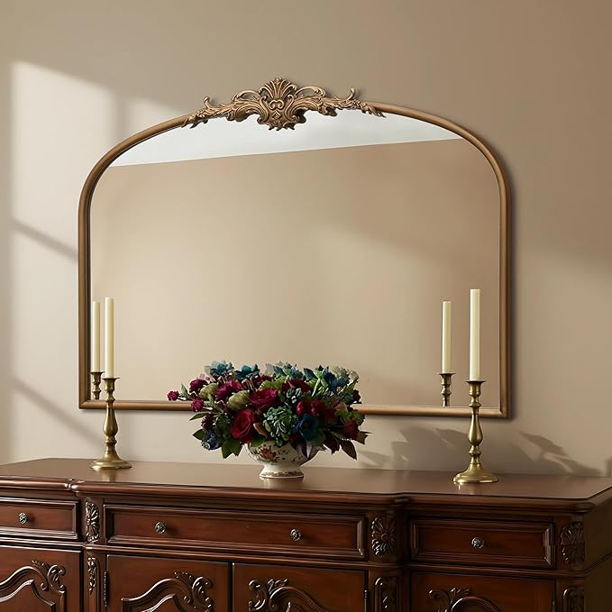 Besdomus Vintage Arched Gold Mirror: 40"x29" Large Matt Gold Antique Wall Mounted Mirror - Baroque Traditional Ornate for Entryway/Fireplace/Bathroom/Hallway - Home Decor for Fashion Women