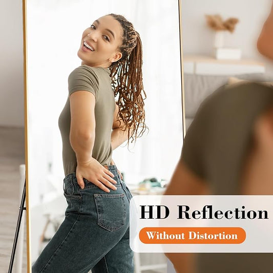 DUMOS Full Length Mirror with Stand 15"x56" Floor Standing Aluminum Frame for Bedroom Body Hanging Leaning Modern Simple Home Decor Shatter-proorf Nano Glass Wall Living Room Cloakroom, Gold