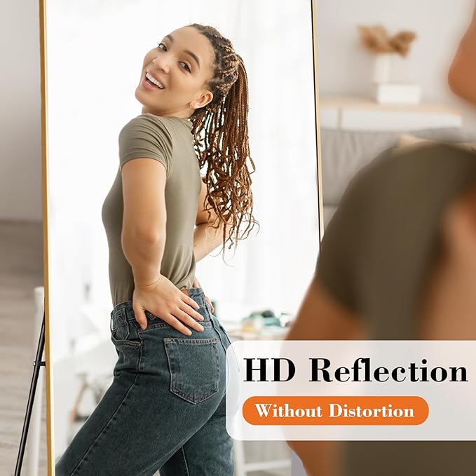 OLIXIS Full Length Mirror 59"x16.3" for Bedroom, Full Body Mirror with Stand, Hanging or Leaning for Wall, Aluminum Alloy Thin Frame Floor Standing for Living Room, Long, Gold