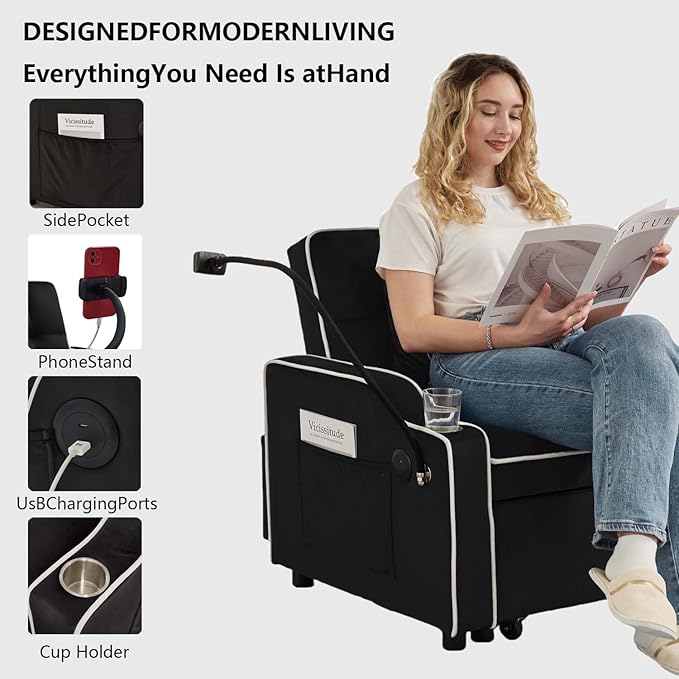 Convertible Sofa Bed, 3 in 1 Futon Sofa Bed with USB Charging Ports, Cup Holder, Phone Stand & Pocket, Modern Upholstered Sleeper Sofa for Living Room, Apartment or Small Space (Black)