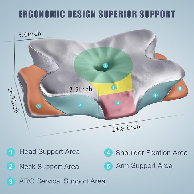 CCidea Bed Pillow for Sleeping, Ergonomic 50D Memory Foam Pillow, Adjustable Dual Height Support Pillow for Side Back Stomach Sleepers, Satin Cooling Breathable Pillowcase, US Patent, Odorless