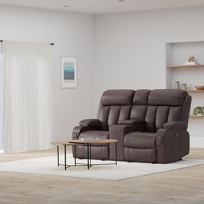 MCombo Zero Gravity Loveseat Recliner with with Console, Heat and Massage, Power Reclining Sofa for Living Room, Faux Leather 6095 (Dark Brown, Loveseat Recliner with Console)