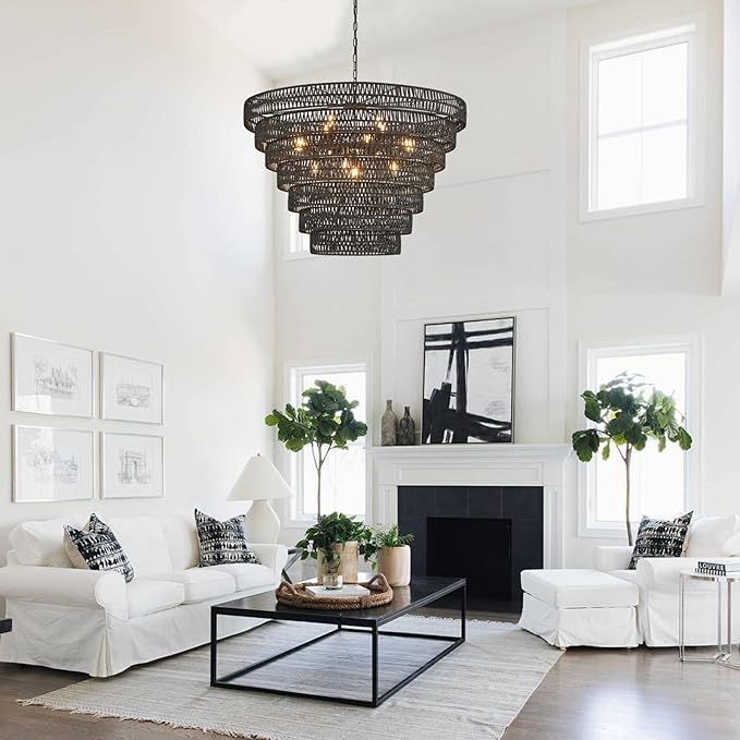 Hand-Woven Rattan Chandelier Vintage Farmhouse 15-Lights Boho Bamboo Large Chandeliers Light Fixture 7-Tier Drum Wicker Chandelier for Dining Room, Living Room, Kitchen, E12
