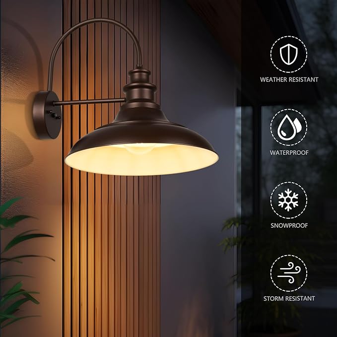 Dusk to Dawn Sensor Outdoor Barn Light Fixtures, 16 Inch Dome Farmhouse Outdoor Wall Sconces, Rustic Exterior Wall Mount Lights, Industrial Bronze White Wall Lanterns for Porch, 2 Pack