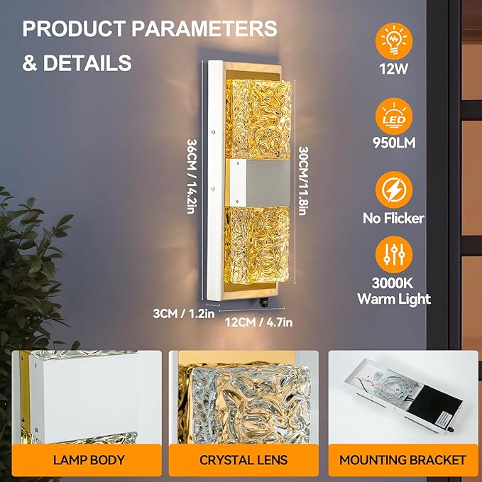 Dusk to Dawn Outdoor Lighting,Exterior Lighting Fixtures IP65 Waterproof Porch Lights Outdoor 12W LED Crystal Modern Outside Wall Sconce for Porch Hallway Doorway Patio,14.2'' White&Gold 2PCS