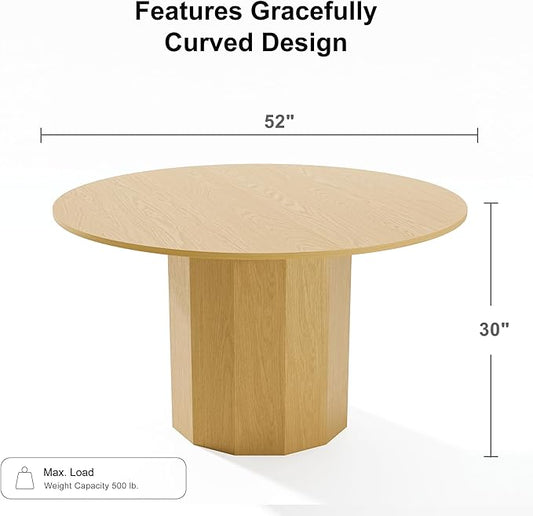 Casaphoria 52" Round Dining Table, Modern Wood Kitchen Table with Cylinder Polygonal Base for Living Room & Dining Room, Easy Assembly Farmhouse Furniture for 4-6, Oak
