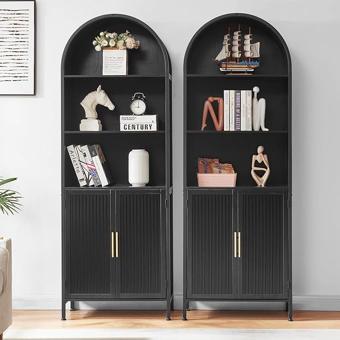 Arched Bookcase Book Shelf with Doors, 5 Tier Display Bookshelf Tall Cabinet with Storage, Industrial Floor Standing Bookshelves Open bookcases for Home Office, Living Room(Black)