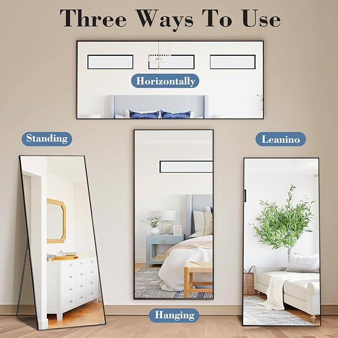 DUMOS Full Length Mirror with Stand, 56"x21" Floor Mirror with Aluminum Alloy Frame for Bedroom, Standing Full Body Mirror with Shatter-proorf Nano Glass for Wall, Living Room, Cloakroom, Black
